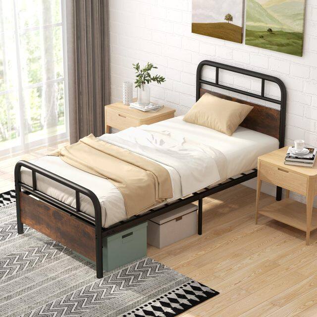 KOMFOTT Industrial Metal Bed Frame with Wood Headboard and Footboard, Rustic Brown
