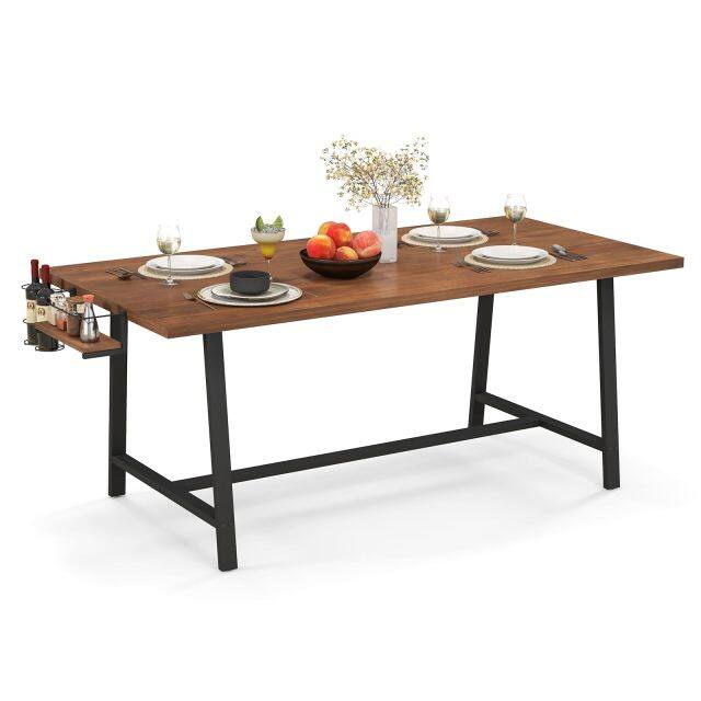 KOMFOTT 72-Inch Dining Table for 5-7, Rectangular Kitchen Table with 2-Bottle Wine Rack, Condiment Holder & Metal Footrest