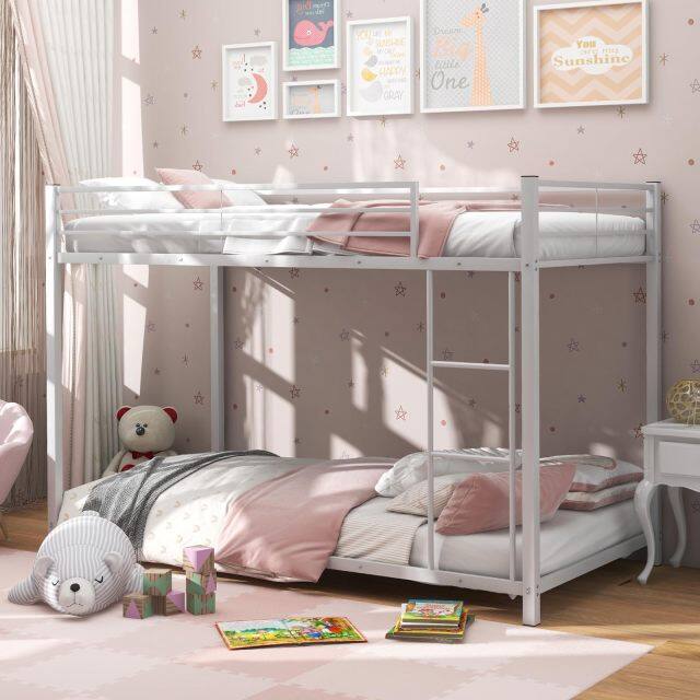 KOMFOTT Twin Over Twin Metal Low Profile Bunk Bed with Safety Guard Rails & Side Ladder