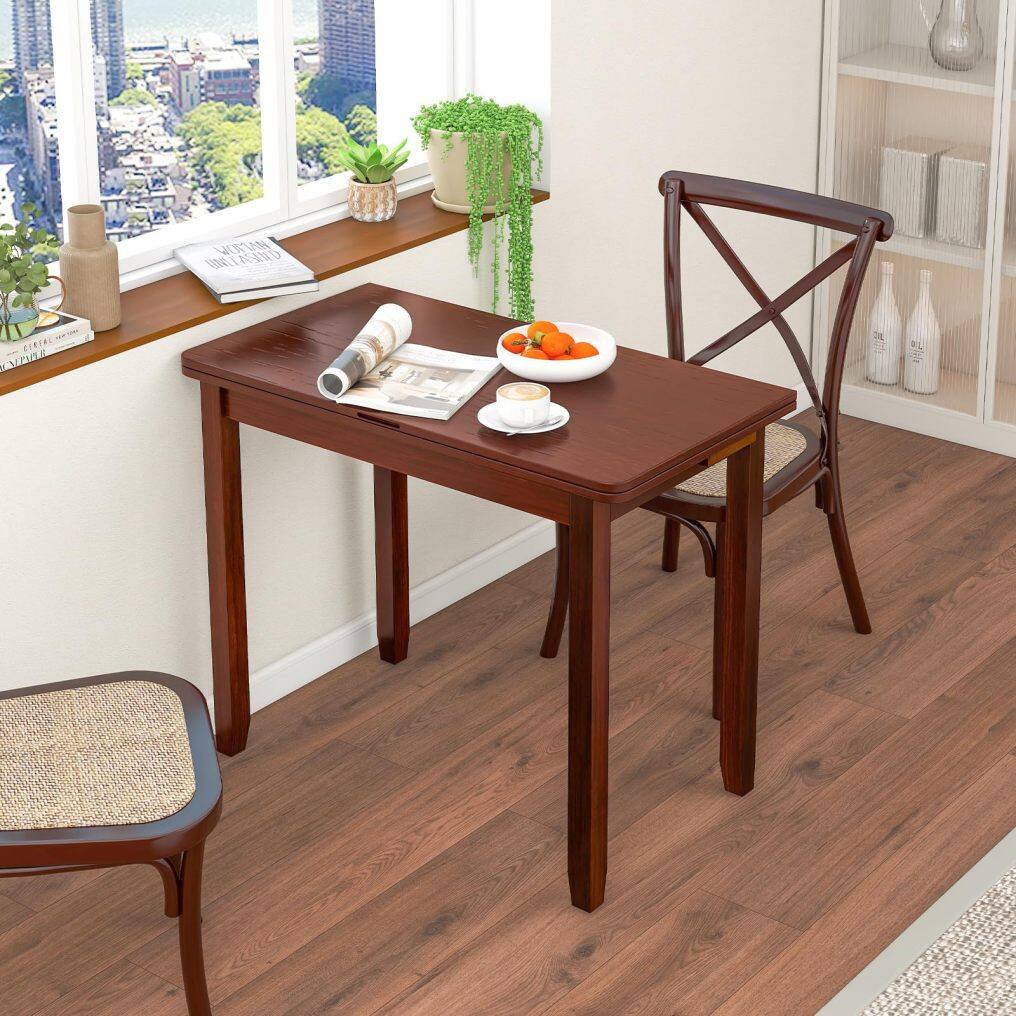 KOMFOTT Folding Dining Table for 4, Extendable Kitchen Table w/Hidden Storage & Rubber Wood Frame