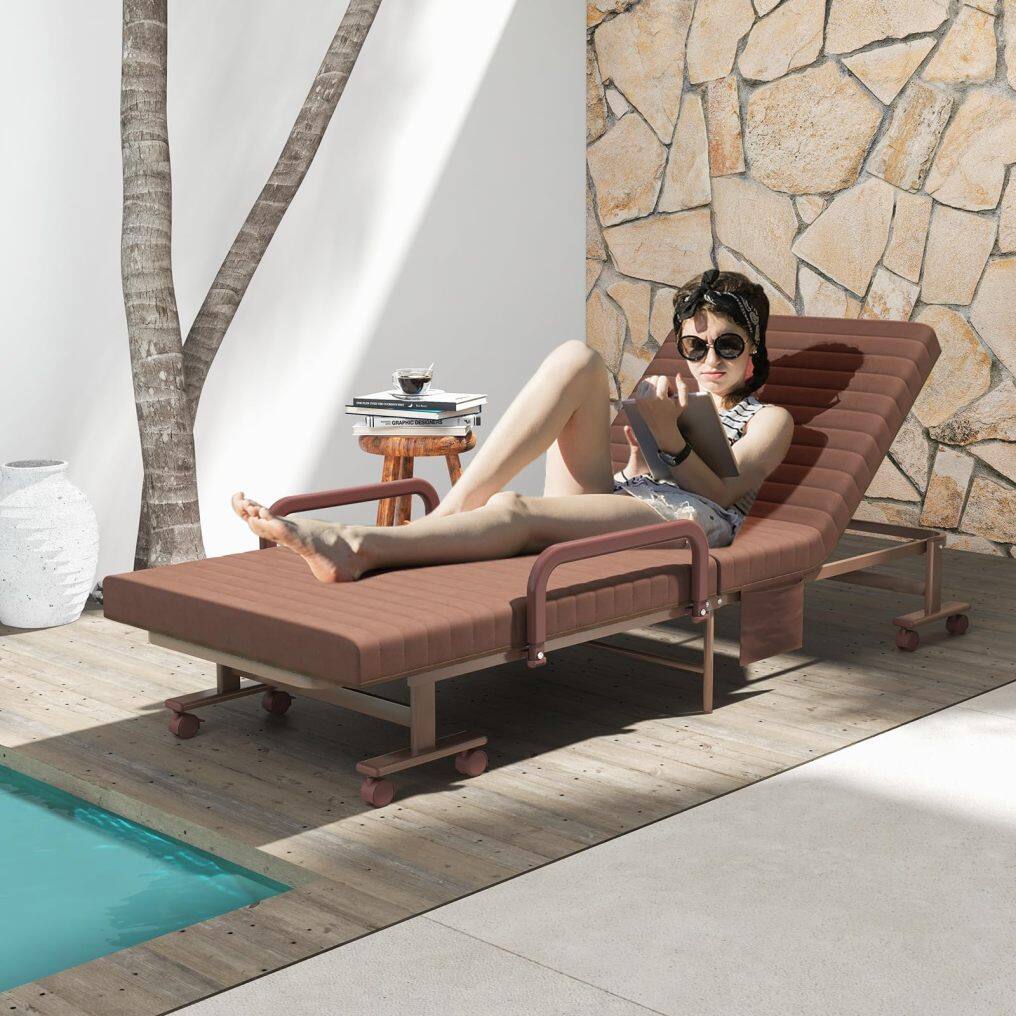 KOMFOTT Folding Bed With Mattress, Portable Guest Bed With Adjustable 6 Position & Side Storage Pocket