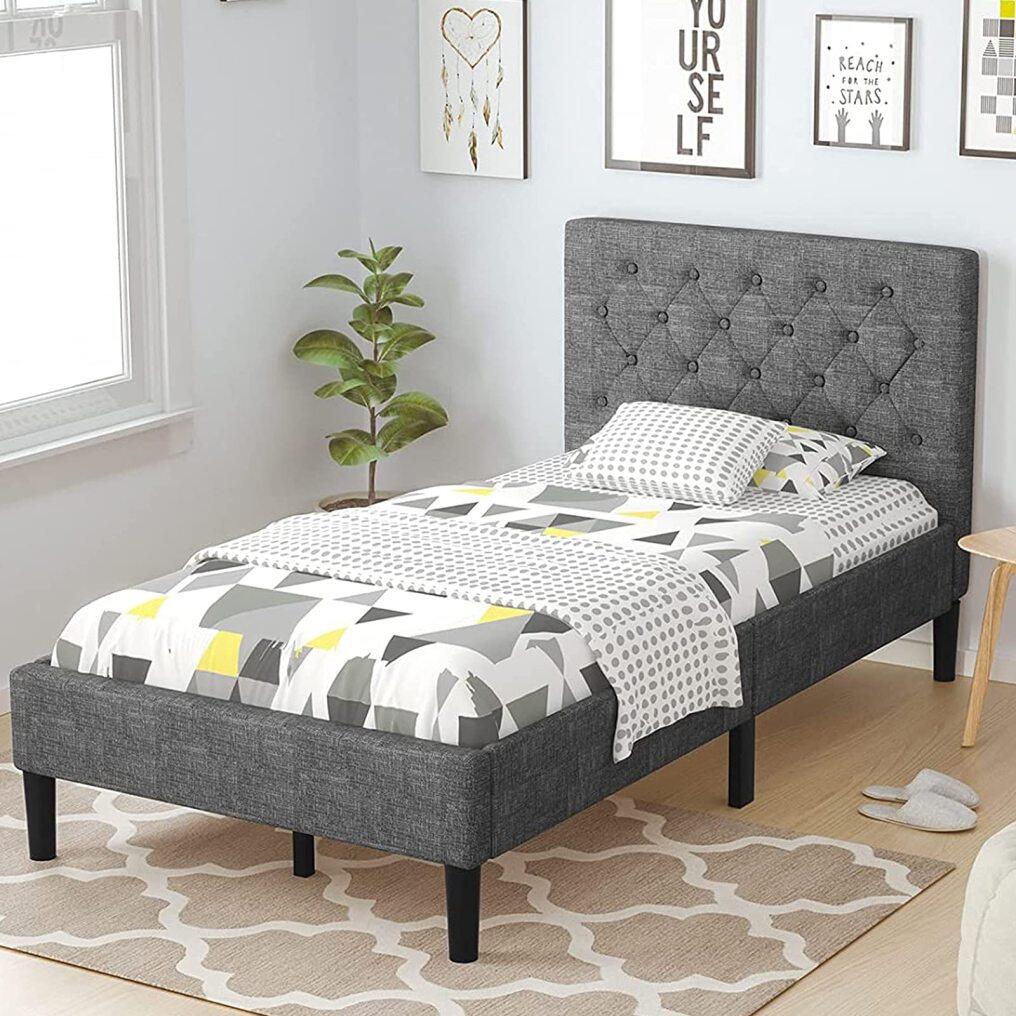 KOMFOTT Twin Size Upholstered Bed Frame with Button Tufted Headboard