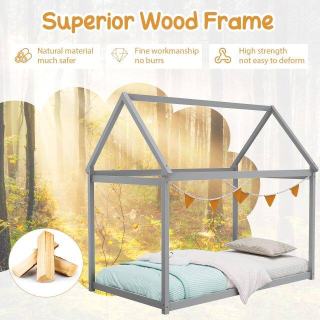 KOMFOTT Twin Size House Bed for Kids, Solid Wood Platform Floor Bed with Roof & Multiple Slats