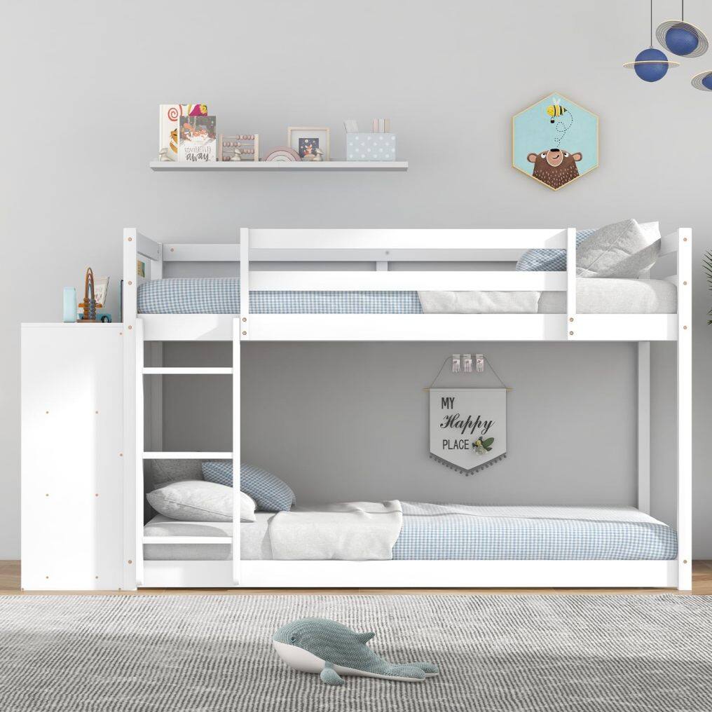 KOMFOTT Twin Over Twin Bunk Bed with Storage Cabinet & Shelves, Convertible Bookcase