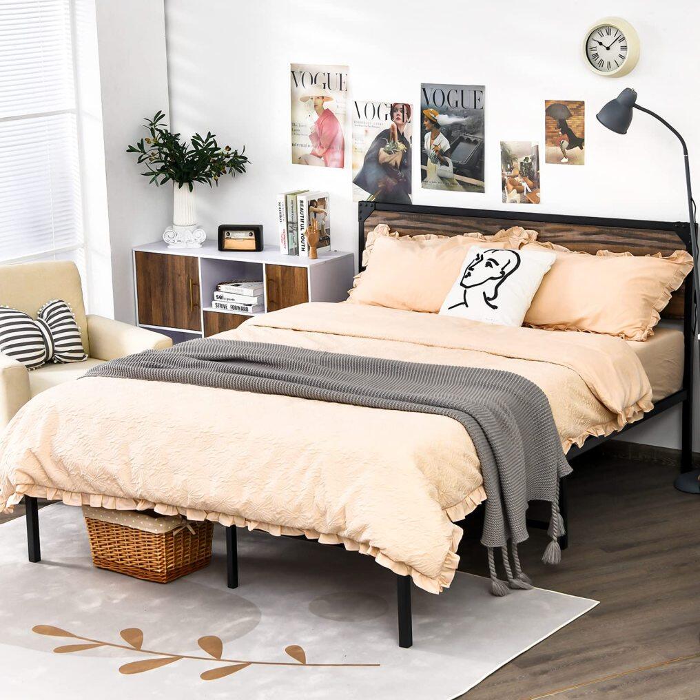 KOMFOTT Full/ Queen Size Metal Bed Frame with Wood Headboard