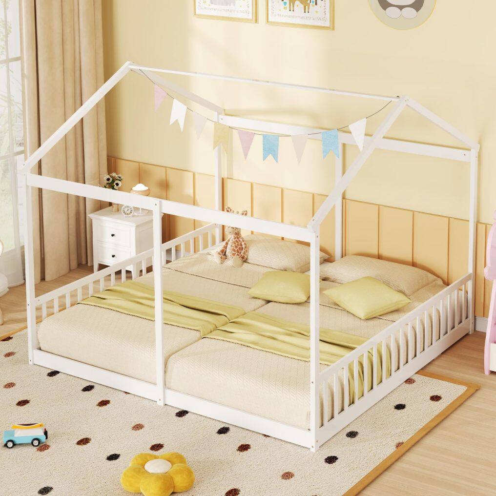 KOMFOTT Double Twin Floor Beds for 2 Kids, Wood Twin Size House Beds with Safety Guardrails
