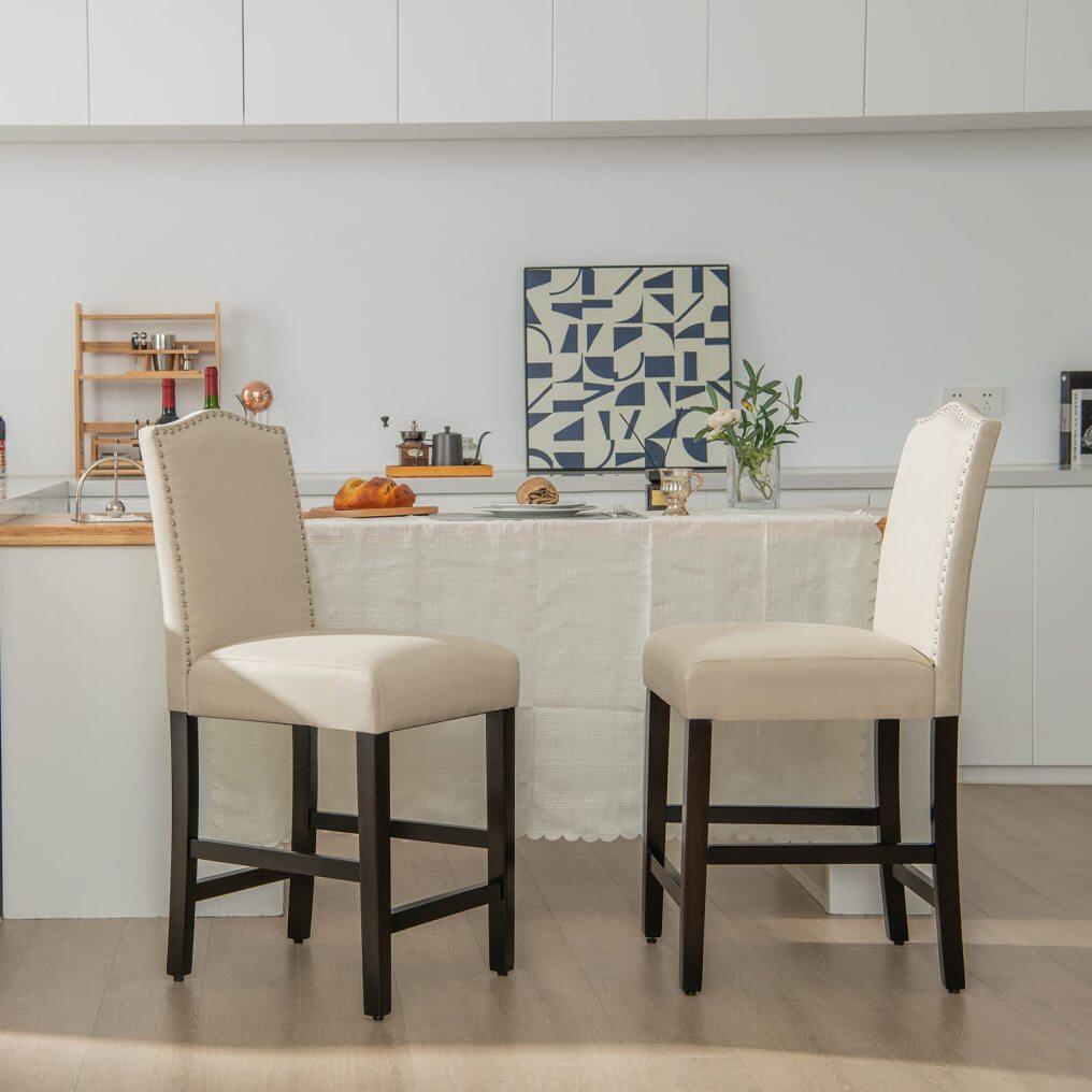 KOMFOTT Bar Stools Set of 2/4, Counter Height Bar Dining Chairs with Rubber Wood Legs, Footrest