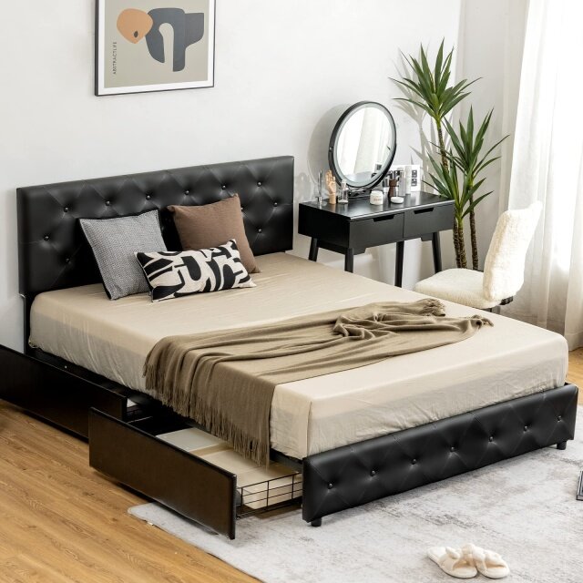 KOMFOTT Upholstered PU Leather Platform Bed Frame with 4 Storage Drawers