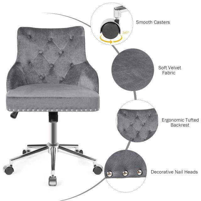 KOMFOTT Modern Home Office Chair, Tufted Velvet Swivel Armchair with Nailhead Trim