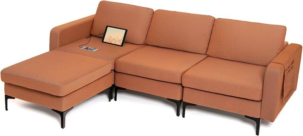 KOMFOTT Convertible Sectional Sofa Couch, 3-Seat L Shaped Couch with Reversible Ottoman, Built-in Socket & USB Ports