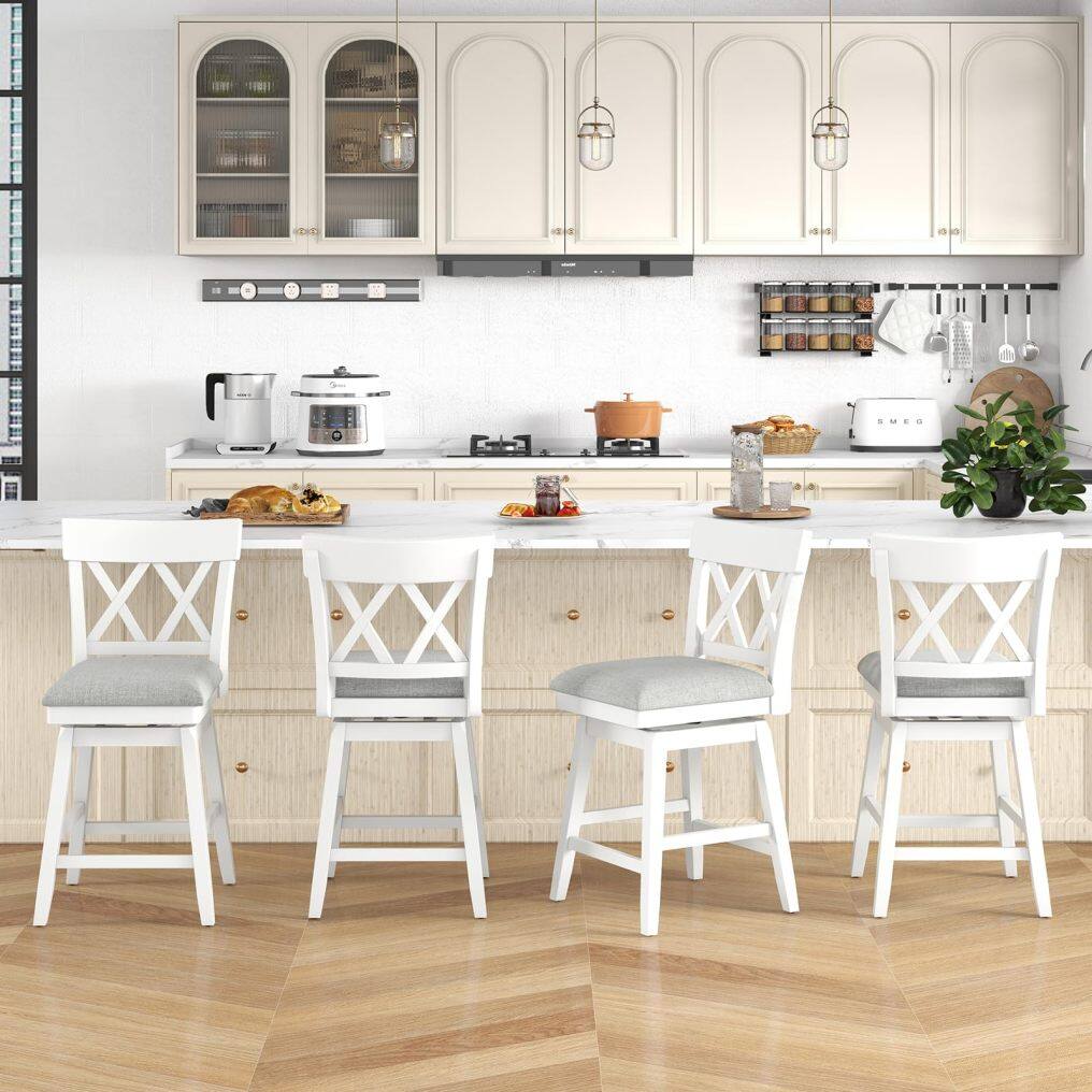 KOMFOTT Swivel Counter Height Bar Stool with Contoured Backrest, Padded Seat & Rubber Wood Legs