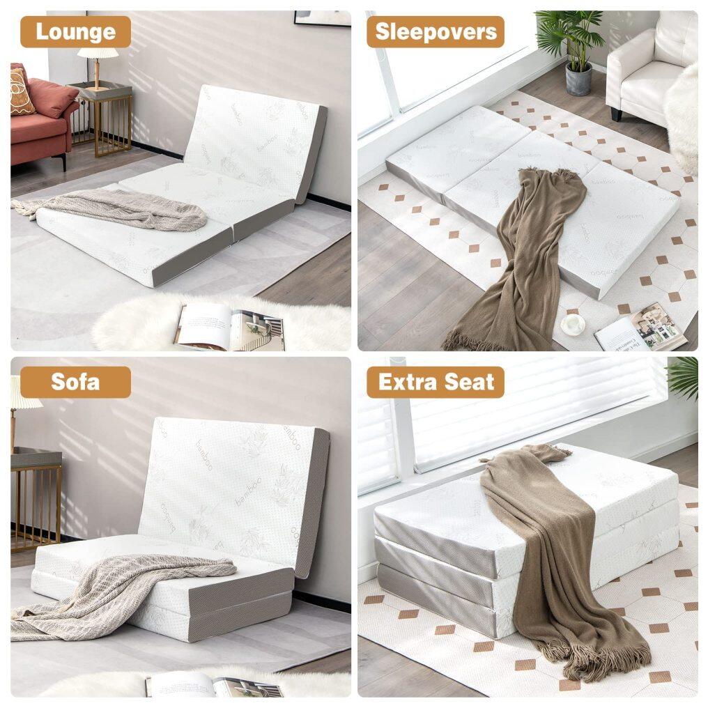 KOMFOTT 4" Tri-Folding Mattress with Storage Bag, Memory Foam Mattress with Removable Bamboo Cover