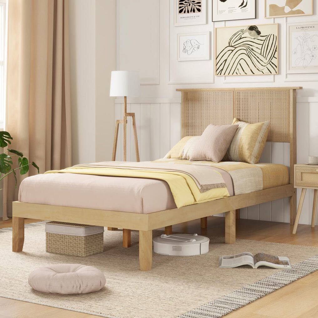 KOMFOTT Wood Platform Bed Frame with Rattan Headboard, Wooden Slats & Under-Bed Storage