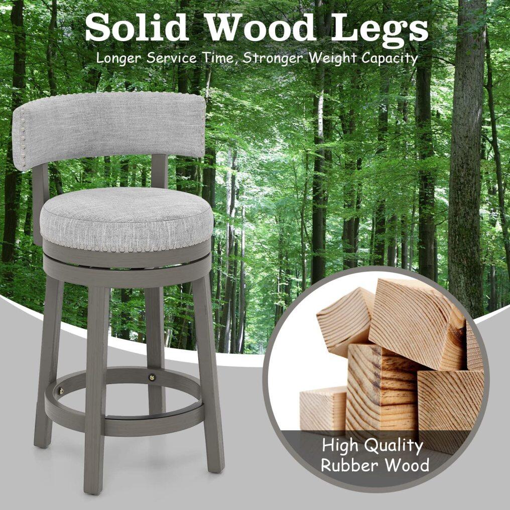 KOMFOTT Modern 360° Swivel Bar Stool with Upholstered Back & Seat, Solid Rubber Wood Legs & Round Footrest