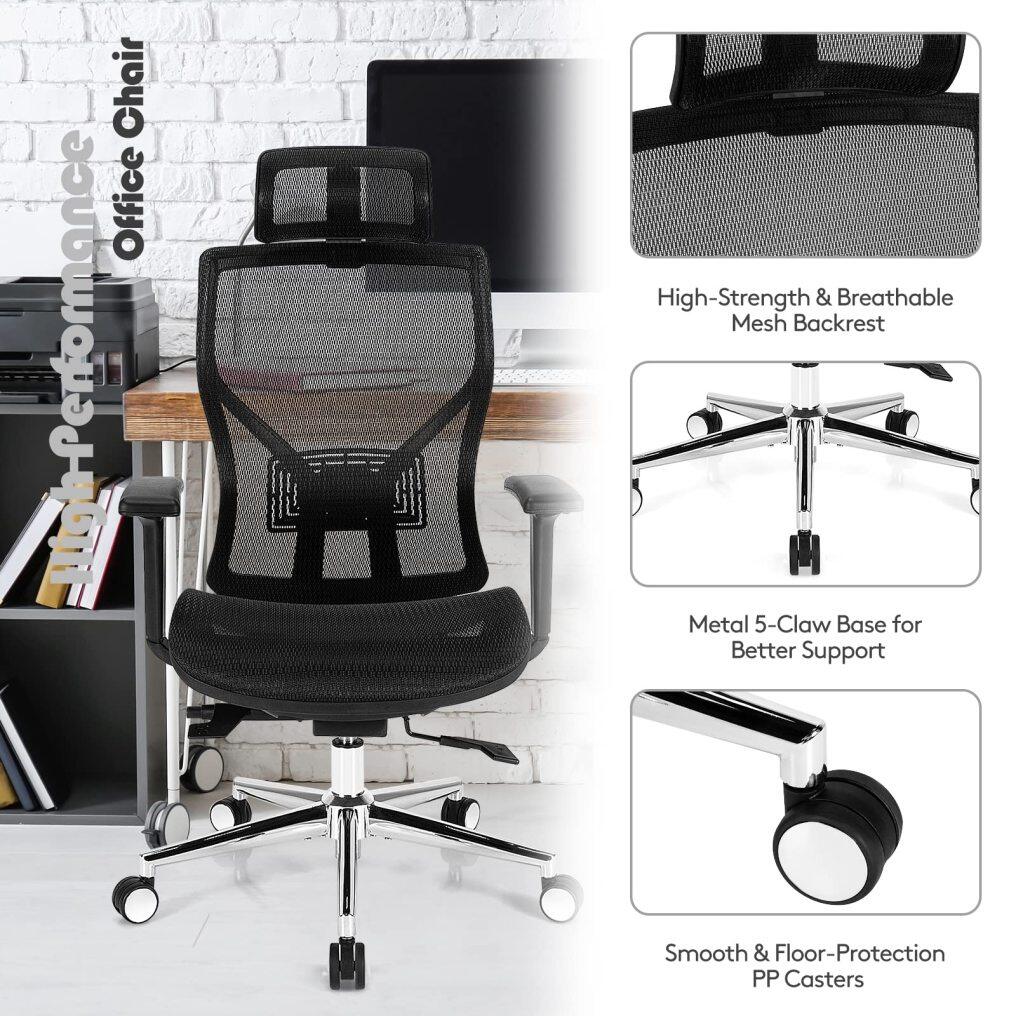 KOMFOTT Ergonomic Office Chair, High-Back Mesh Executive Chair, with Adjustable Headrest, 3D Armrest, Lumbar Support, Reclining Backrest