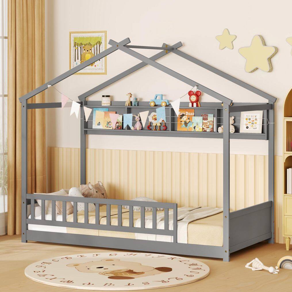 KOMFOTT Twin Floor House Bed with Storage Shelf, Headboard & Guardrail