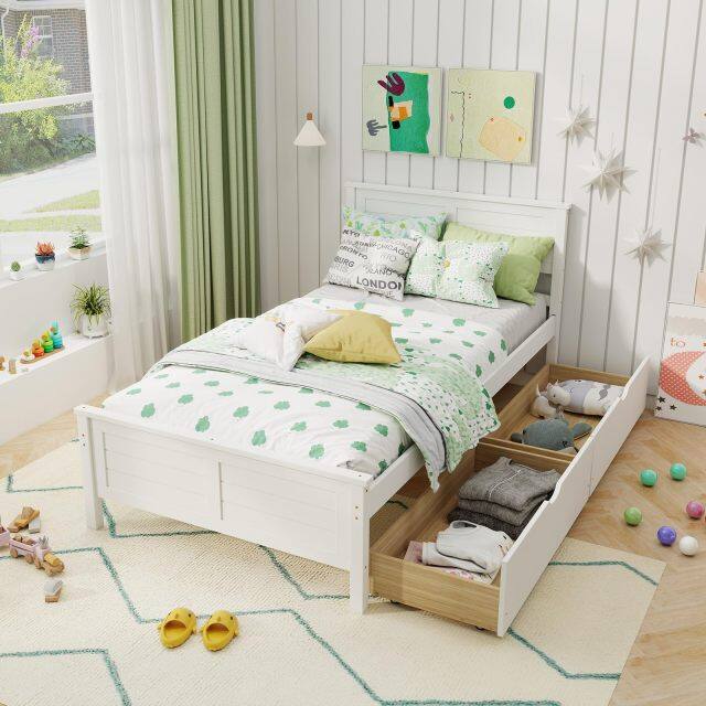 KOMFOTT Wood Bed Frame with 2 Storage Drawers