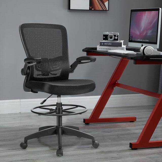 KOMFOTT Drafting Chair, Ergonomic Tall Office Chair with Thick Cushion, Flip-up Armrest, Adjustable Back Support & Footrest