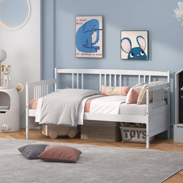 KOMFOTT Twin Daybed Frame, Wooden Sofa Bed Guest Bed with Rails & Wood Slat Support