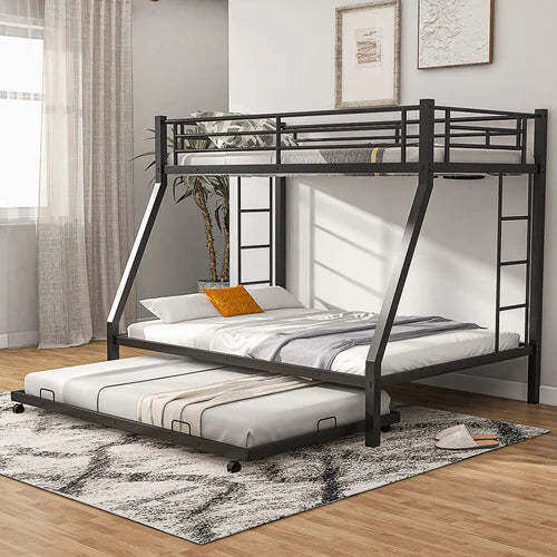 KOMFOTT Twin Over Full Heavy-Duty Metal Bunk Bed with Trundle, Guardrail & 2 Ladders