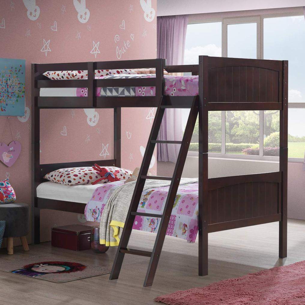 KOMFOTT Wood Twin Over Twin Bunk Beds, Convertible 2 Individual Twin Beds for Kids Children