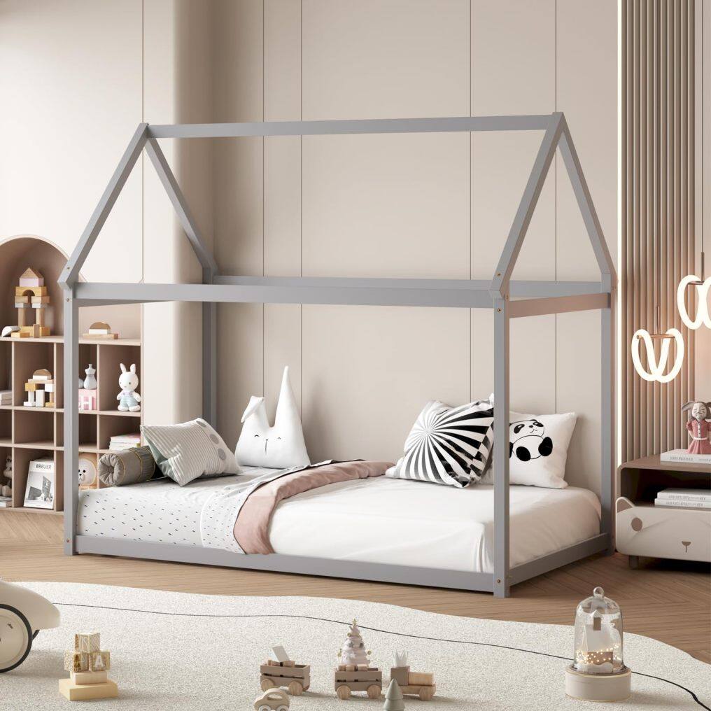 KOMFOTT Twin Size House Bed for Kids, Solid Wood Platform Floor Bed with Roof & Multiple Slats