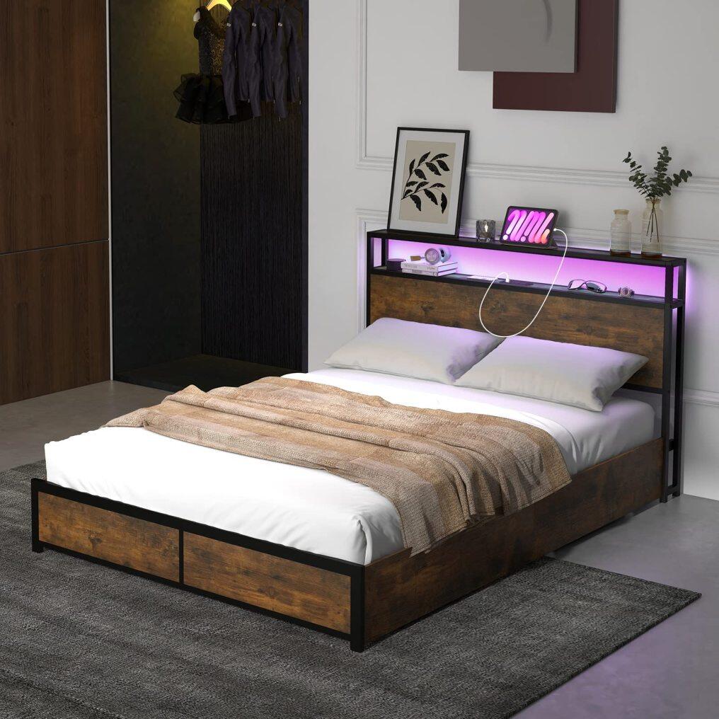 KOMFOTT Metal Bed Frame with LED Lights Headboard and 4 Storage Drawers, Outlets and USB Ports Charging Station