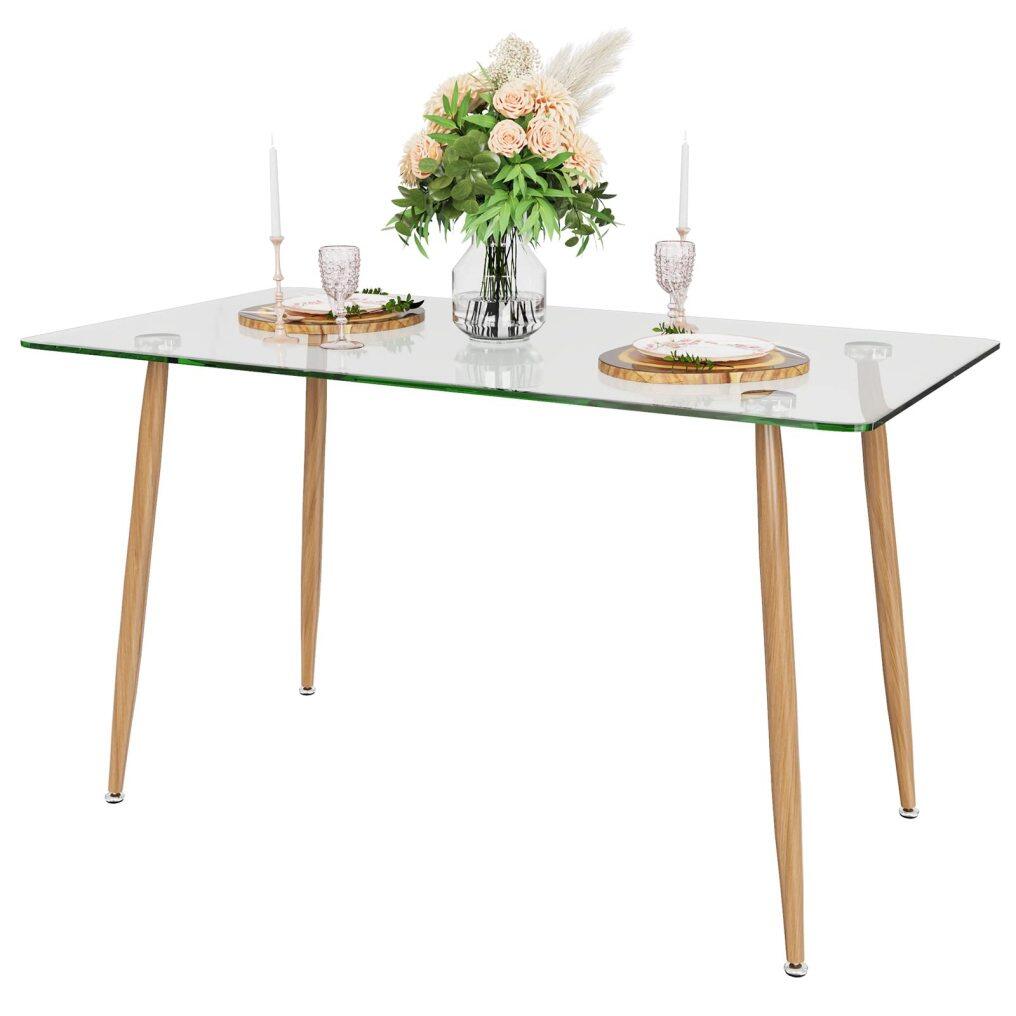 KOMFOTT Glass Dining Table, Modern Rectangular Table with Spacious Tempered Glass Tabletop