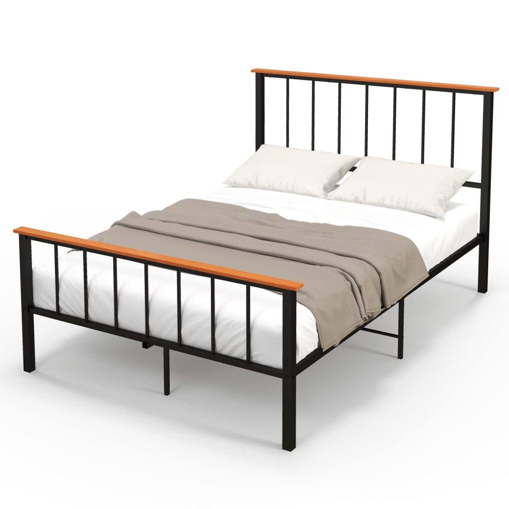 KOMFOTT Full/Queen Size Metal Bed Frame with Spindle Headboard & Footboard