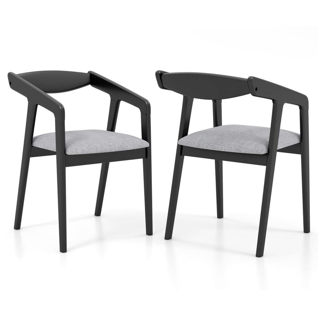 Wooden Dining Chairs Set of 2/4, Linen Fabric Upholstered Kitchen Chairs w/Armrests & Padded Cushion, Rubber Wood Frame