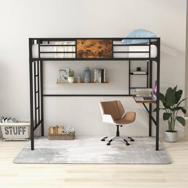 KOMFOTT Metal Twin Loft Bed with Desk and Storage Shelf