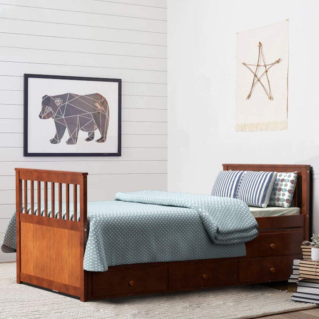 KOMFOTT Twin Captain’s Bed with Trundle Bed, Wood Storage Daybed with 3 Storage Drawers