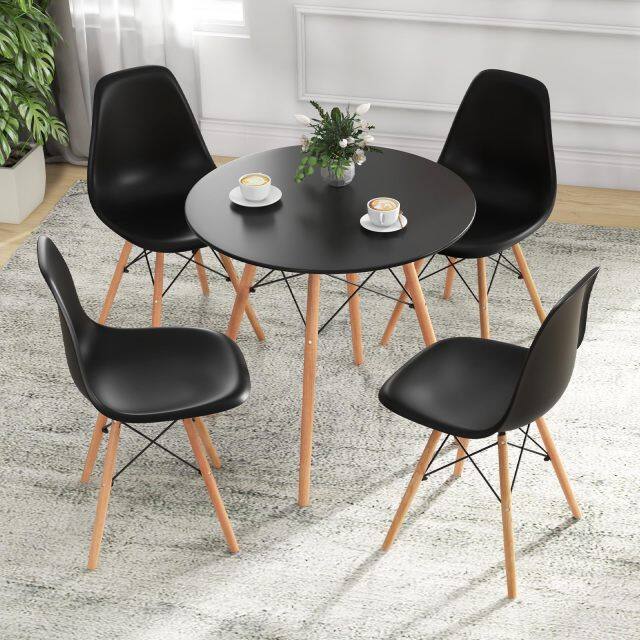 KOMFOTT Round Dining Table Set for 4, Modern Circle Kitchen Table & 4 Chairs with Ergonomic Seats and Solid Wood Legs