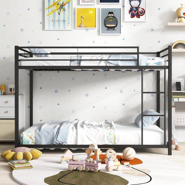 KOMFOTT Twin Over Twin Metal Low Profile Bunk Bed with Safety Guard Rails & Side Ladder