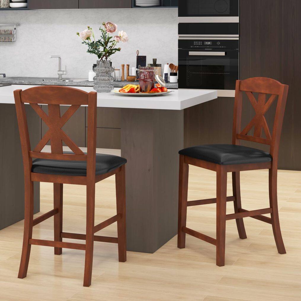 KOMFOTT Wood Bar Stools Set of 2/4, 24" Upholstered Counter Height Bar Chairs w/Hollowed High Back, PU Leather, Rubber Wood Legs
