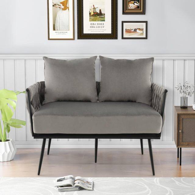 KOMFOTT 43” Loveseat Sofa, Modern Upholstered 2-Seat Sofa with 2 Back Pillows, Woven Backrest & Armrest