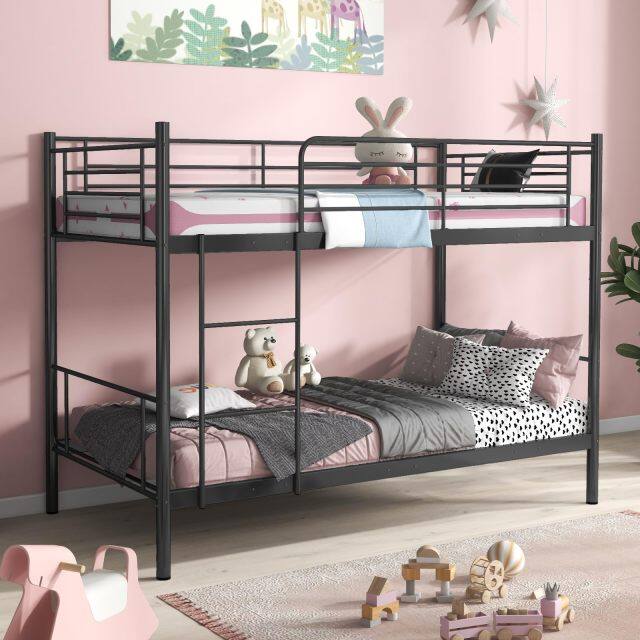 KOMFOTT Twin Over Twin Metal Bunk Bed with Ladder & Full-Length Guardrails