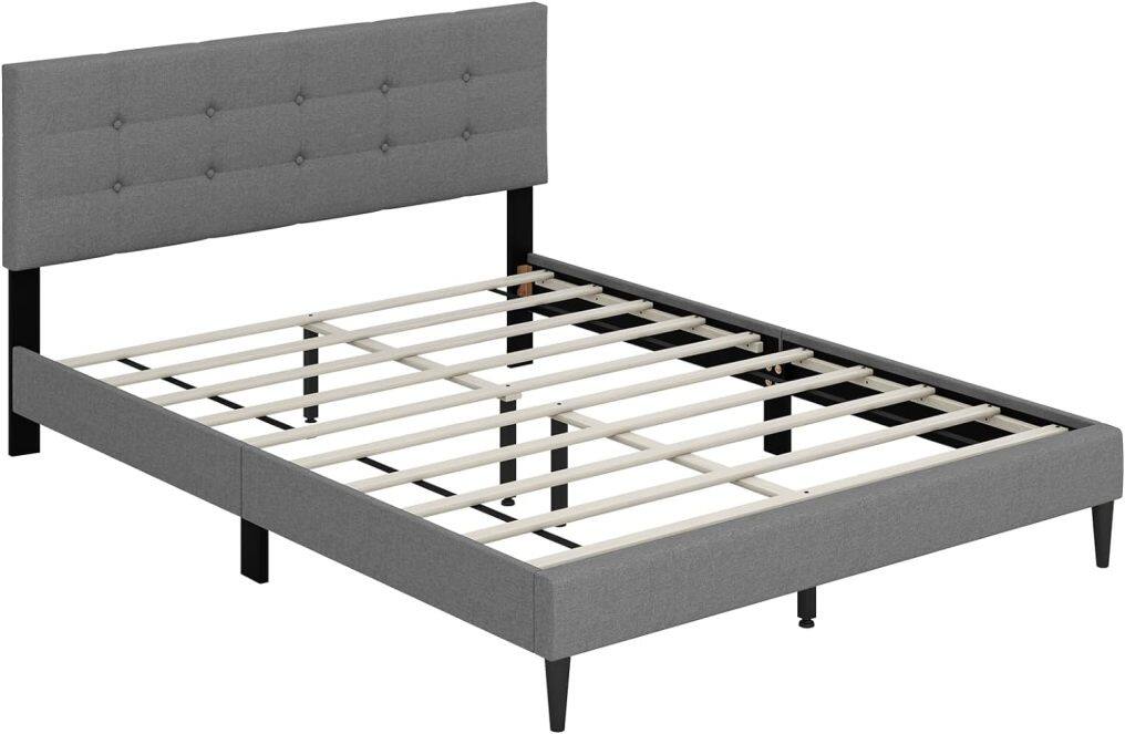 KOMFOTT Twin/Queen Size Upholstered Platform Bed Frame with Button Tufted Linen Fabric Headboard