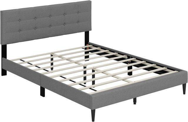 KOMFOTT Twin/Queen Size Upholstered Platform Bed Frame with Button Tufted Linen Fabric Headboard