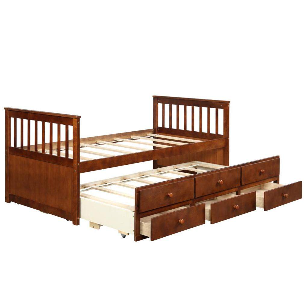 KOMFOTT Twin Size Wooden Captain Daybed with Trundle and 3 Storage Drawers