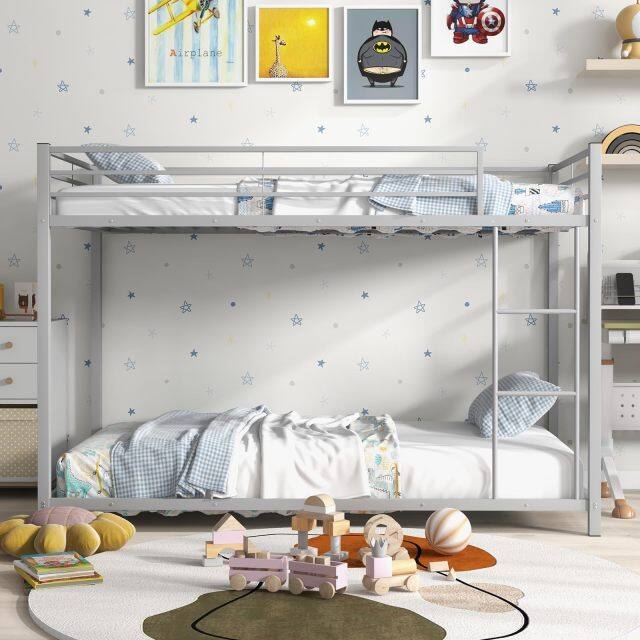 KOMFOTT Twin Over Twin Metal Low Profile Bunk Bed with Safety Guard Rails & Side Ladder