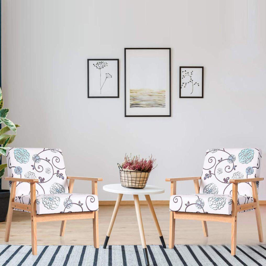 KOMFOTT Mid Century Accent Arm Chairs, Fabric Modern Armchairs w/Rubber Wood, Pretty Pattern, Soft Sponge