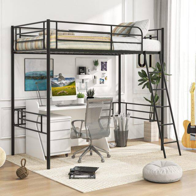 KOMFOTT Twin Size Loft Bed, Metal Loft Bed Frame with Ladder & Safety Guardrail