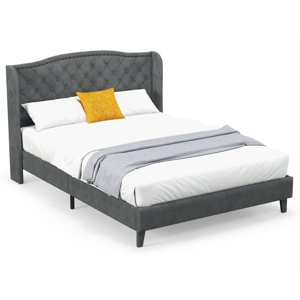 KOMFOTT Full/Queen Size Velvet Upholstered Platform Bed Frame with Button Tufted Headboard