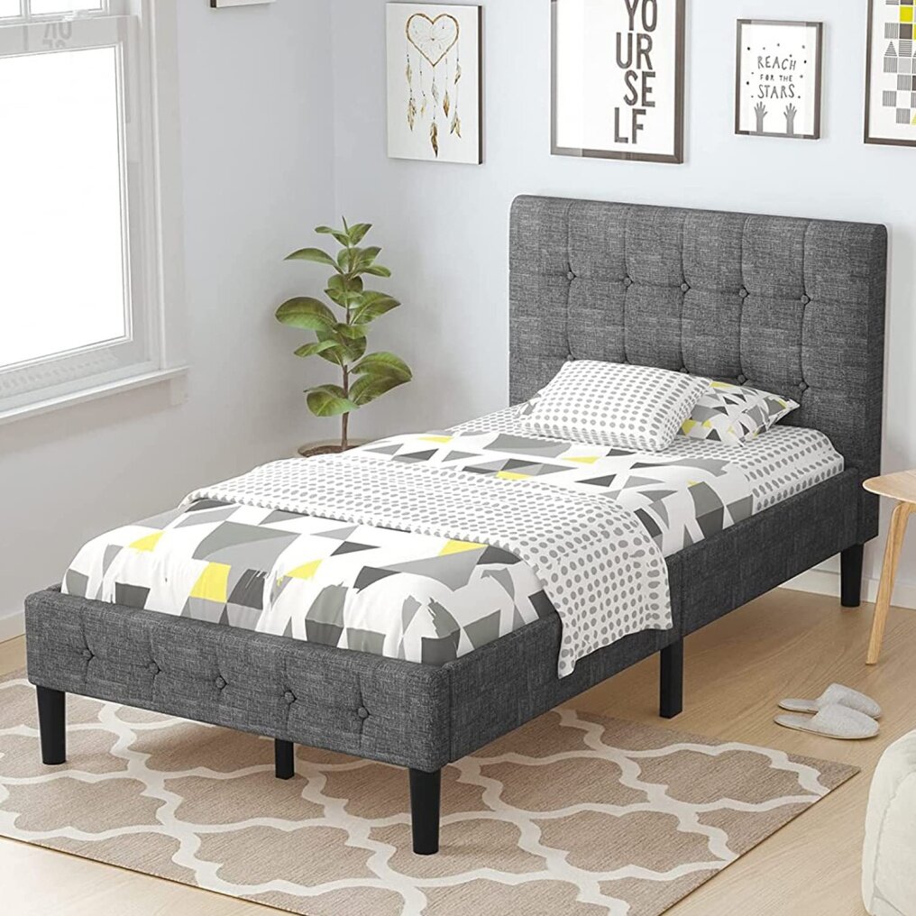 KOMFOTT Upholstered Bed Frame with Button Tufted Headboard