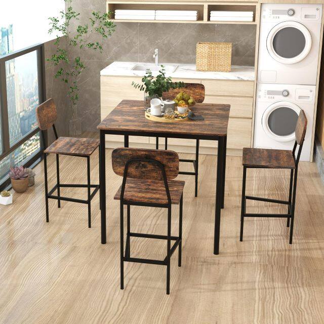 KOMFOTT 5 Piece Dining Table Set with Counter Height Table & 4 Bar Stools, Industrial Kitchen Dining Table Set with Footrest & Backrest