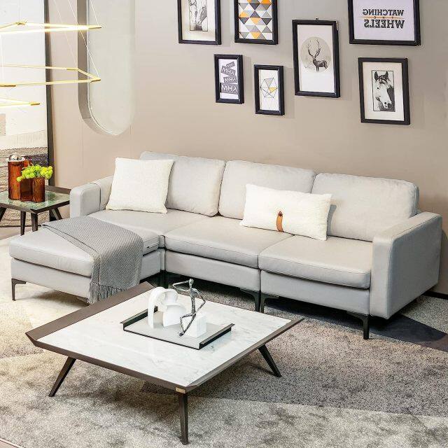 KOMFOTT Convertible Sectional Sofa Couch, 3-Seat L Shaped Couch with Reversible Ottoman, Built-in Socket & USB Ports