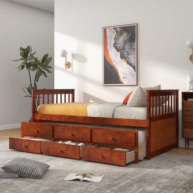 KOMFOTT Twin Size Wooden Captain Daybed with Trundle and 3 Storage Drawers