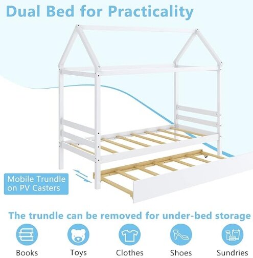 KOMFOTT Twin Size Wood House Bed with Trundle and Roof