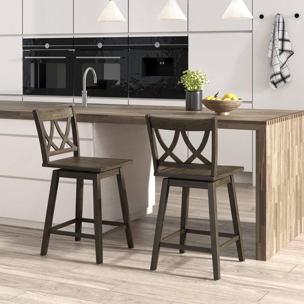 KOMFOTT Swivel Wooden Bar Stools Set of 2/4 with Rubber Wood Frame, Footrest & Ergonomic Backrest